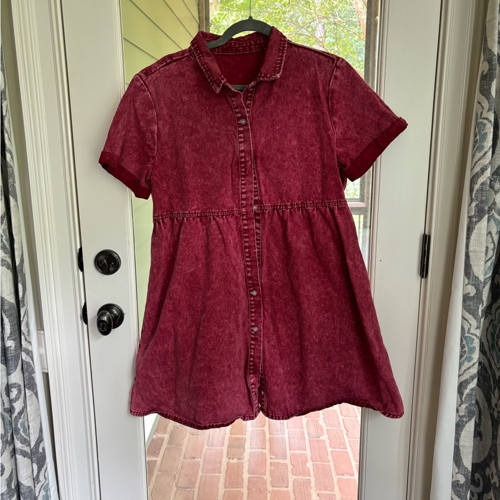 Red Denim Button-Up Dress